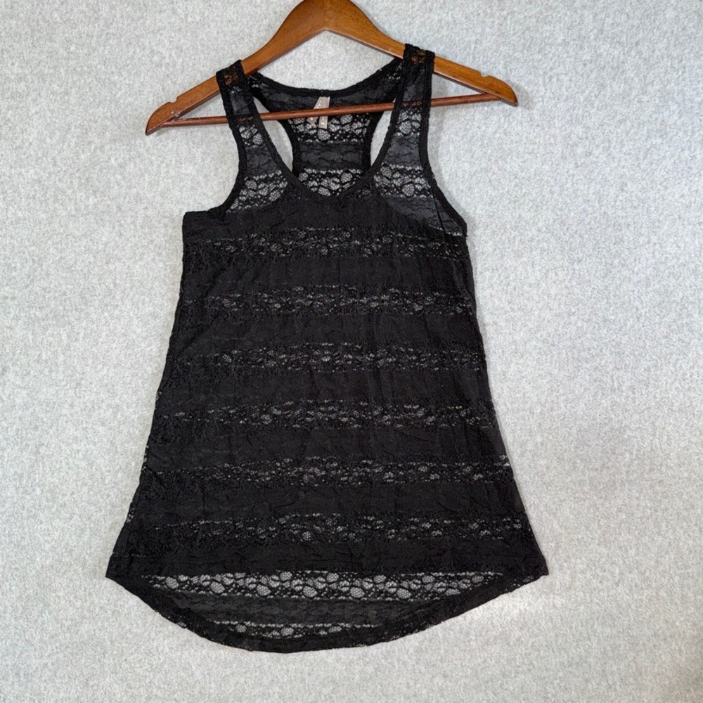 Vanity Essentials Black Sheer Floral Lace Racerback Tank Top High Low Hem XS